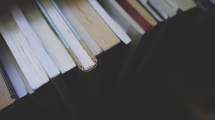 Rangée de livres sur une étagère vue d'en haut.